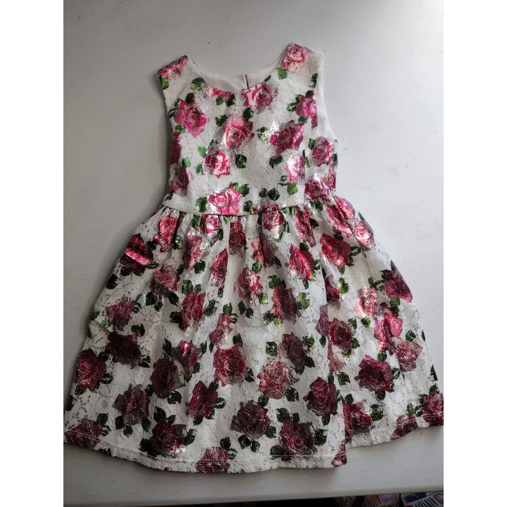 Nannette Girls White Lace Metallic Pink Rose Floral Party Dress Size 5